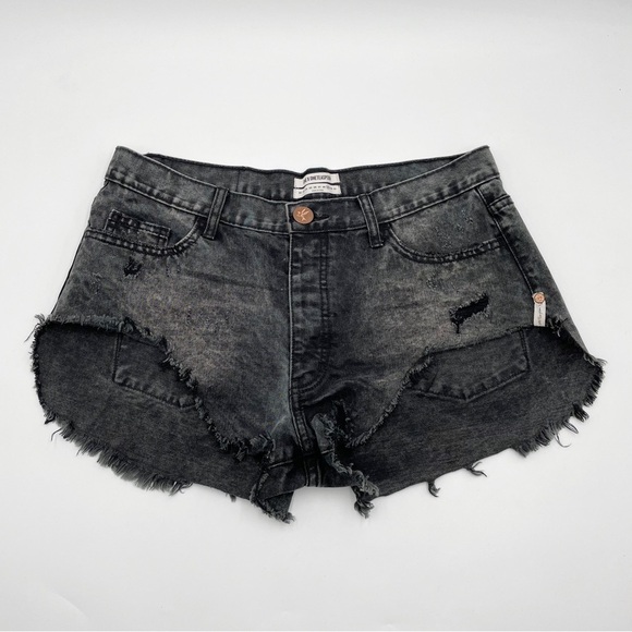 One Teaspoon Rollers Destroyed Denim Jean Shorts Coal Black Wash - Picture 4 of 15